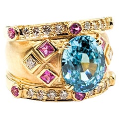 Retro 5.2ct blue zircon & Diamond & .50ctw Pink Sapphire Ring In Yellow Gold