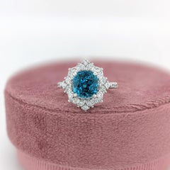 5.2ct Blue Zircon Ring w Earth Mined Diamonds in Solid 14K Gold CU 8.5x7.5mm