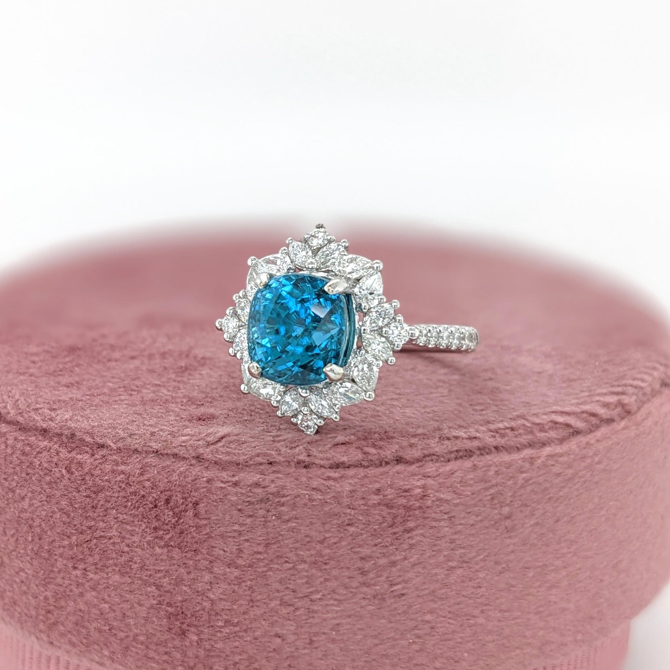 Modern 5.2ct Blue Zircon Ring w Earth Mined Diamonds in Solid 14K Gold CU 8.5x7.5mm For Sale