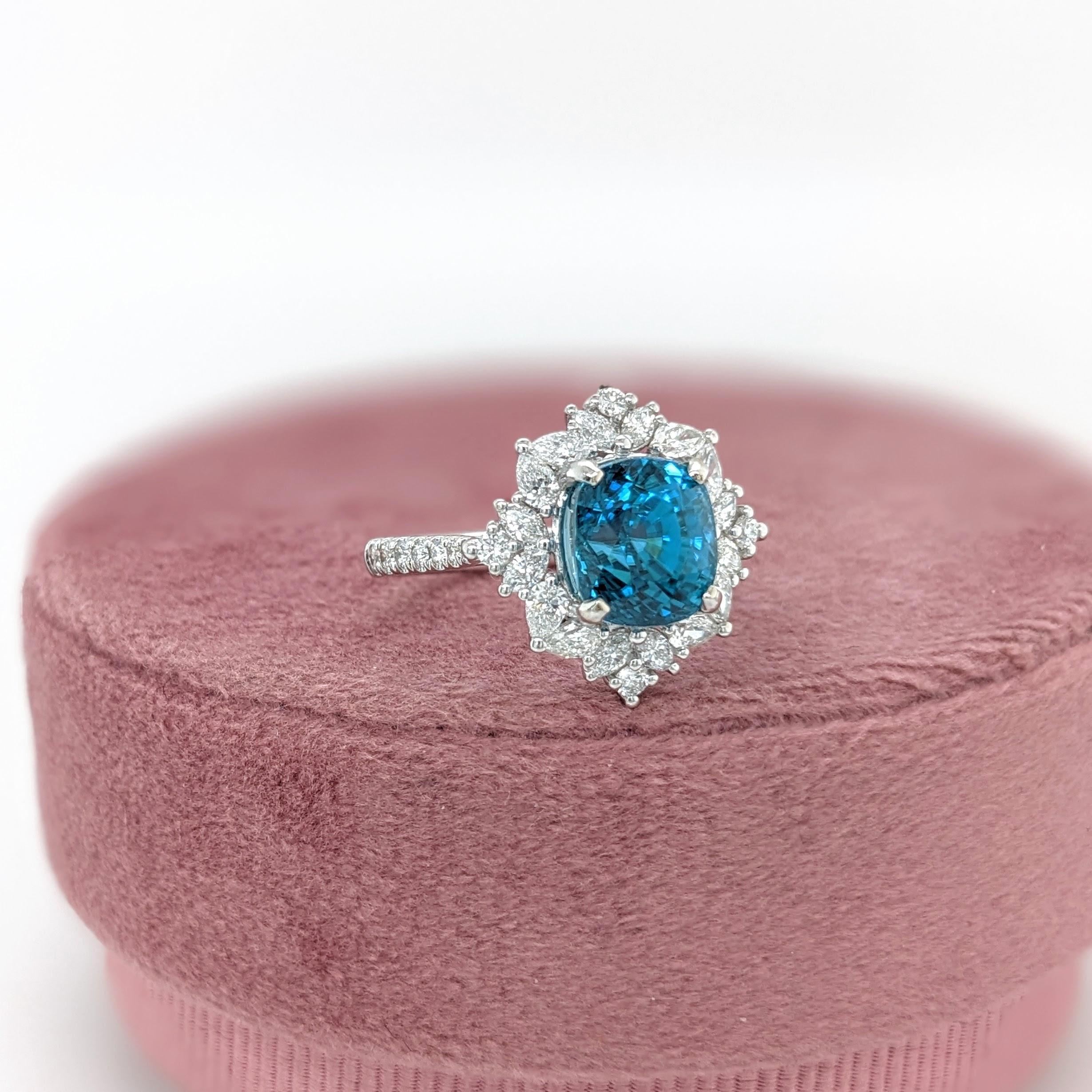 Women's 5.2ct Blue Zircon Ring w Earth Mined Diamonds in Solid 14K Gold CU 8.5x7.5mm For Sale