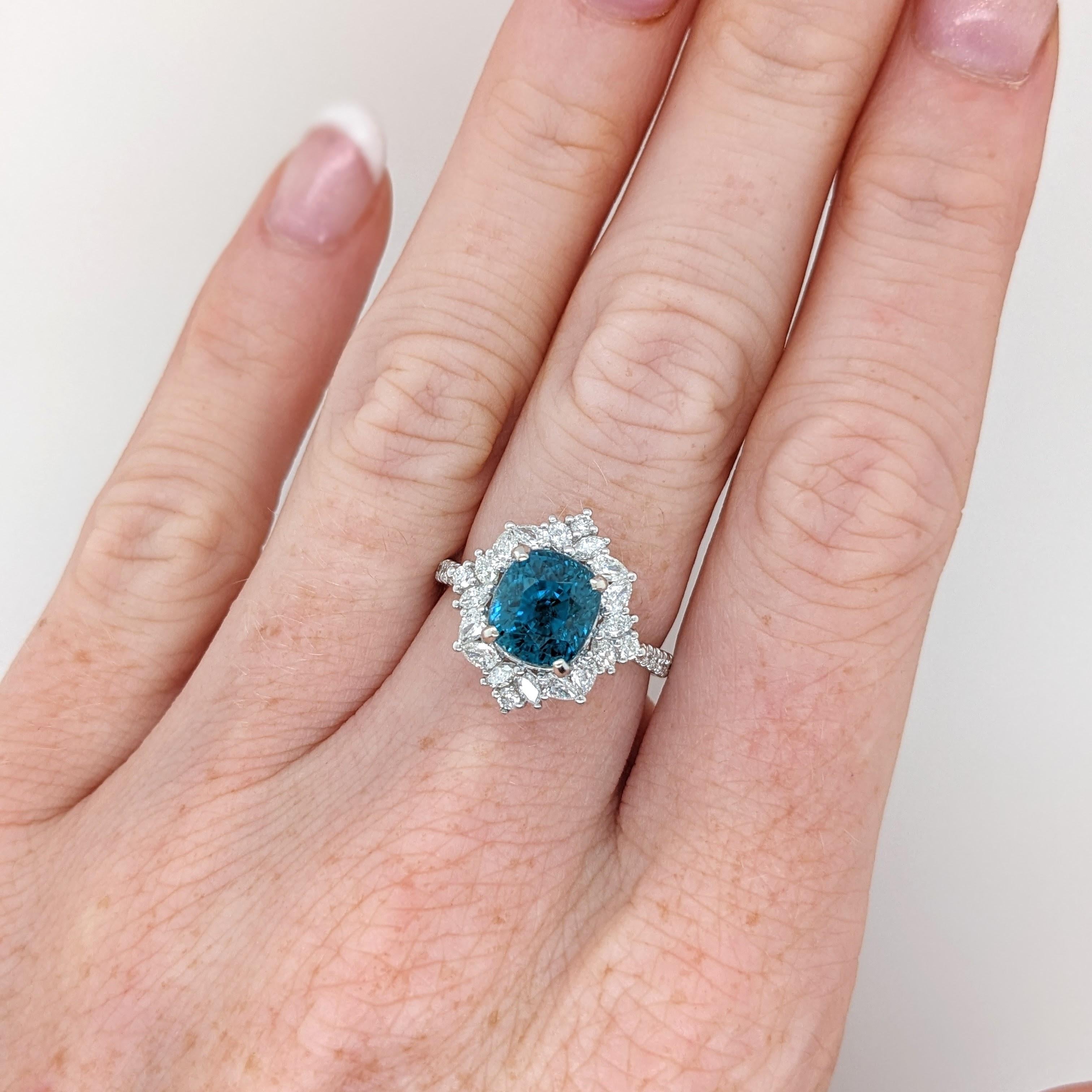 5.2ct Blue Zircon Ring w Earth Mined Diamonds in Solid 14K Gold CU 8.5x7.5mm For Sale 1