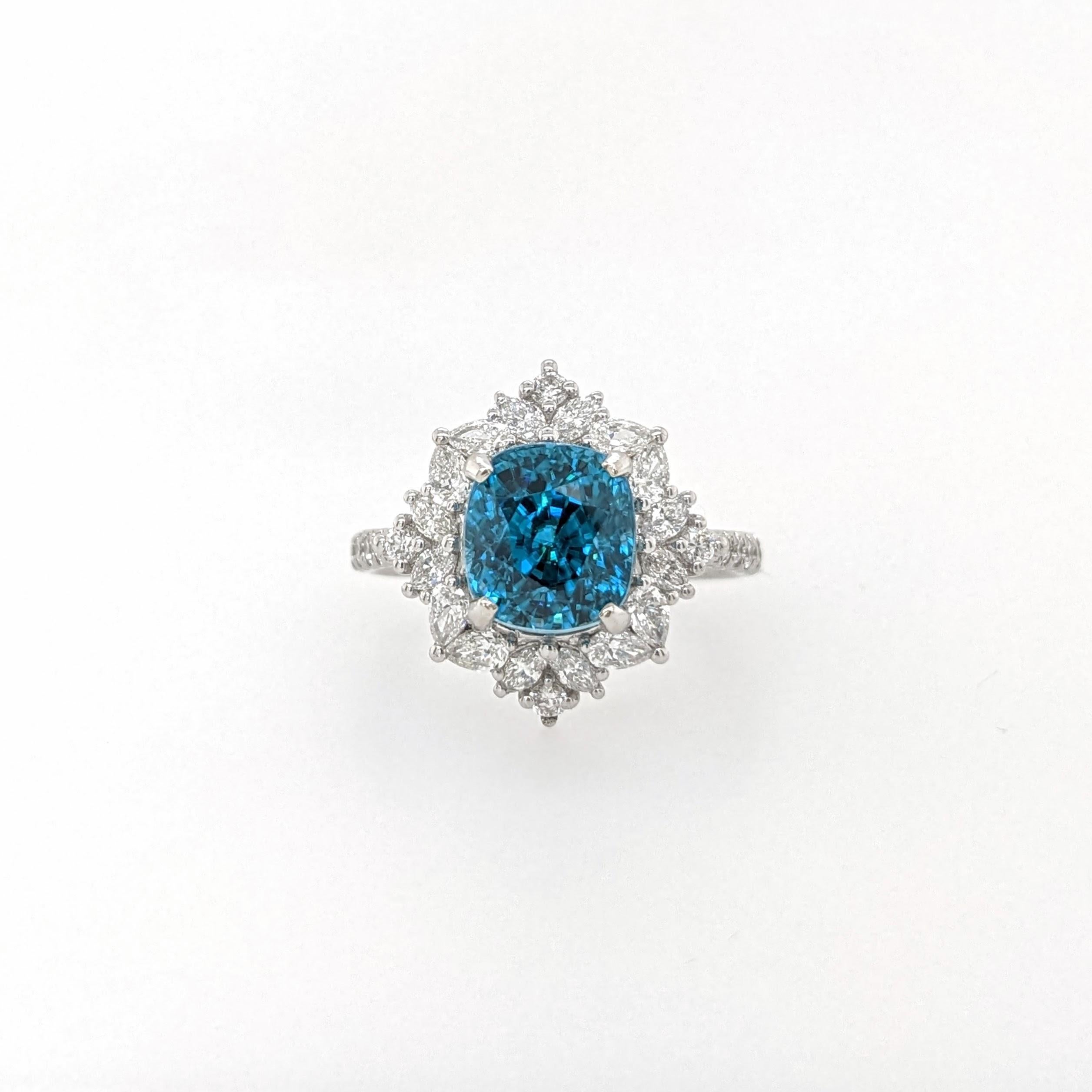 5.2ct Blue Zircon Ring w Earth Mined Diamonds in Solid 14K Gold CU 8.5x7.5mm For Sale