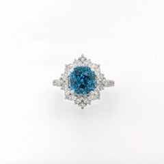 5.2ct Blue Zircon Ring w Earth Mined Diamonds in Solid 14K Gold CU 8.5x7.5mm