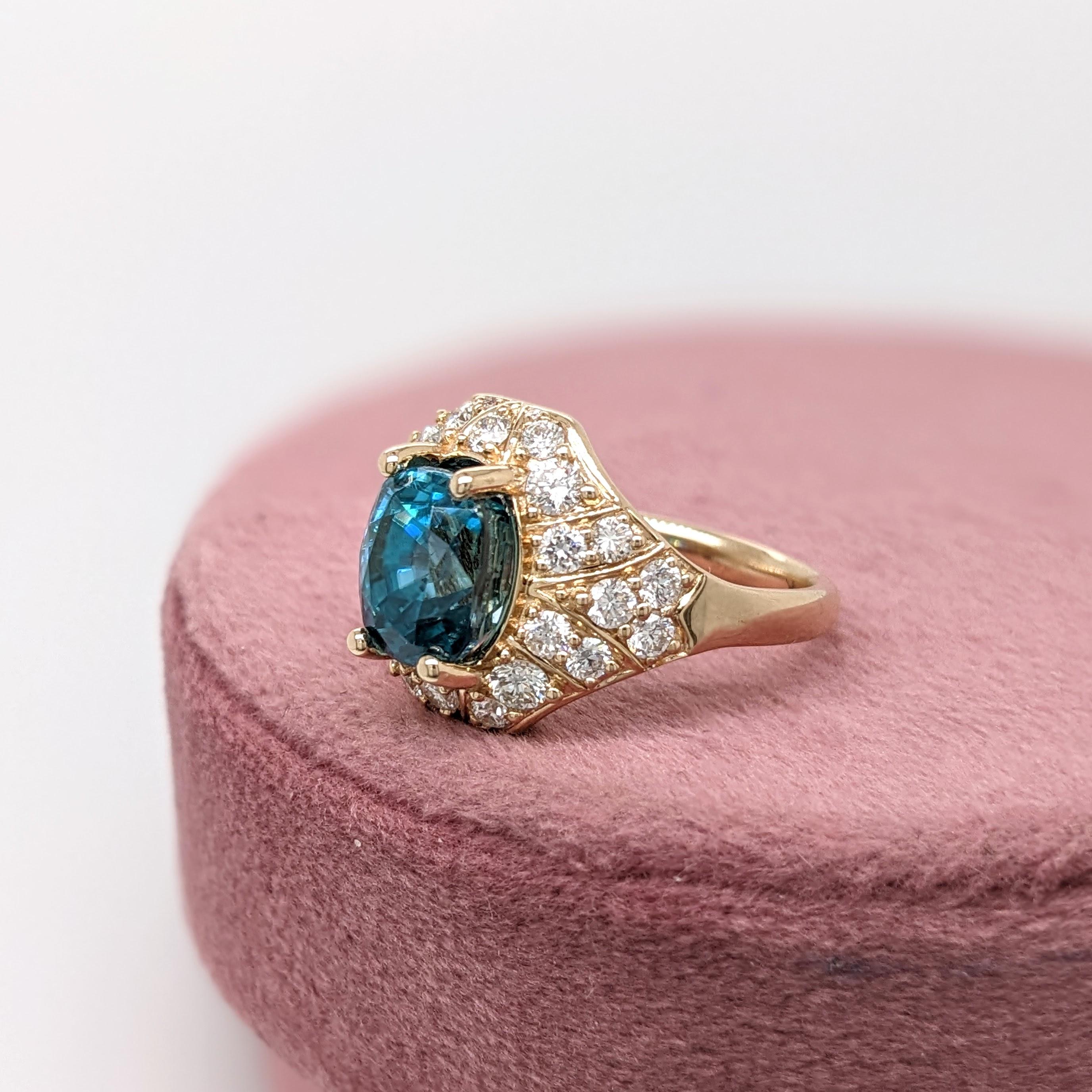 Modern 5.2ct Blue Zircon Ring w Natural Diamonds in Solid 14K Yellow Gold Oval 10x8mm For Sale