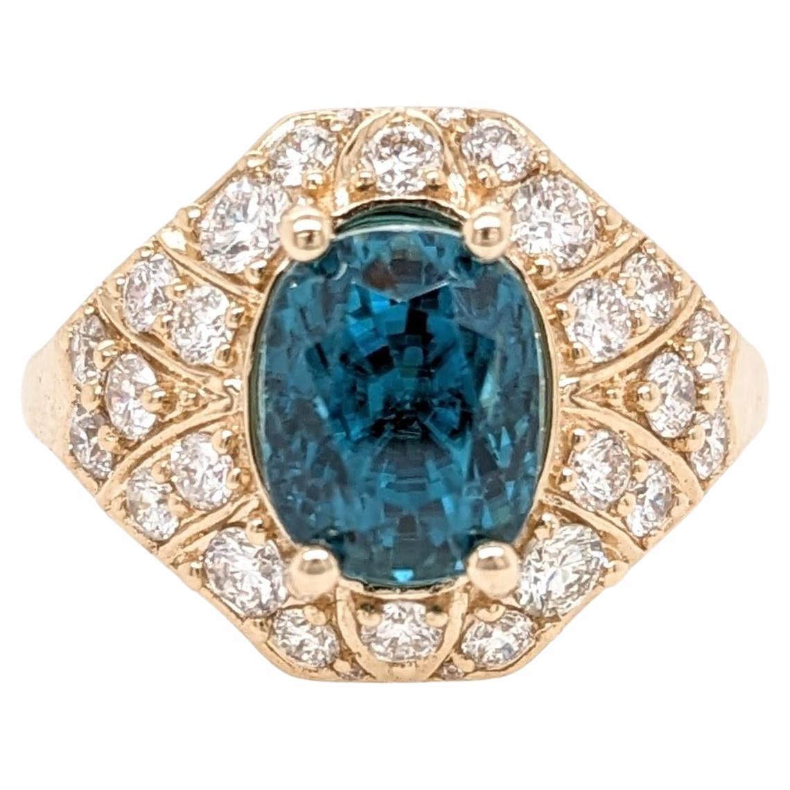 5.2ct Blue Zircon Ring w Natural Diamonds in Solid 14K Yellow Gold Oval 10x8mm For Sale