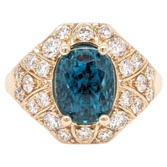 5.2 Karat Blauer Zirkon Ring mit natürlichen Diamanten in massivem 14K Gelbgold Oval 10x8 mm