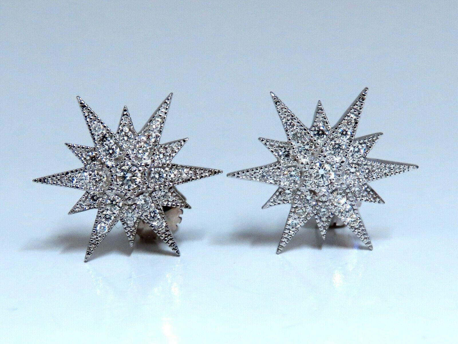 Snow Flake North Star Compass Earrings.

.52cts of natural round diamonds: 

G-color, Vs-2  clarity.

14kt. white gold

3.8 grams.

Earrings measure: .70 inch Diameter

Comfortable Butterfly

$4,000 Appraisal Certificate to accompany

