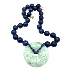 52mm Jade Carved Disc and Lapis Lazuli 14mm Jumbo Bead Necklace