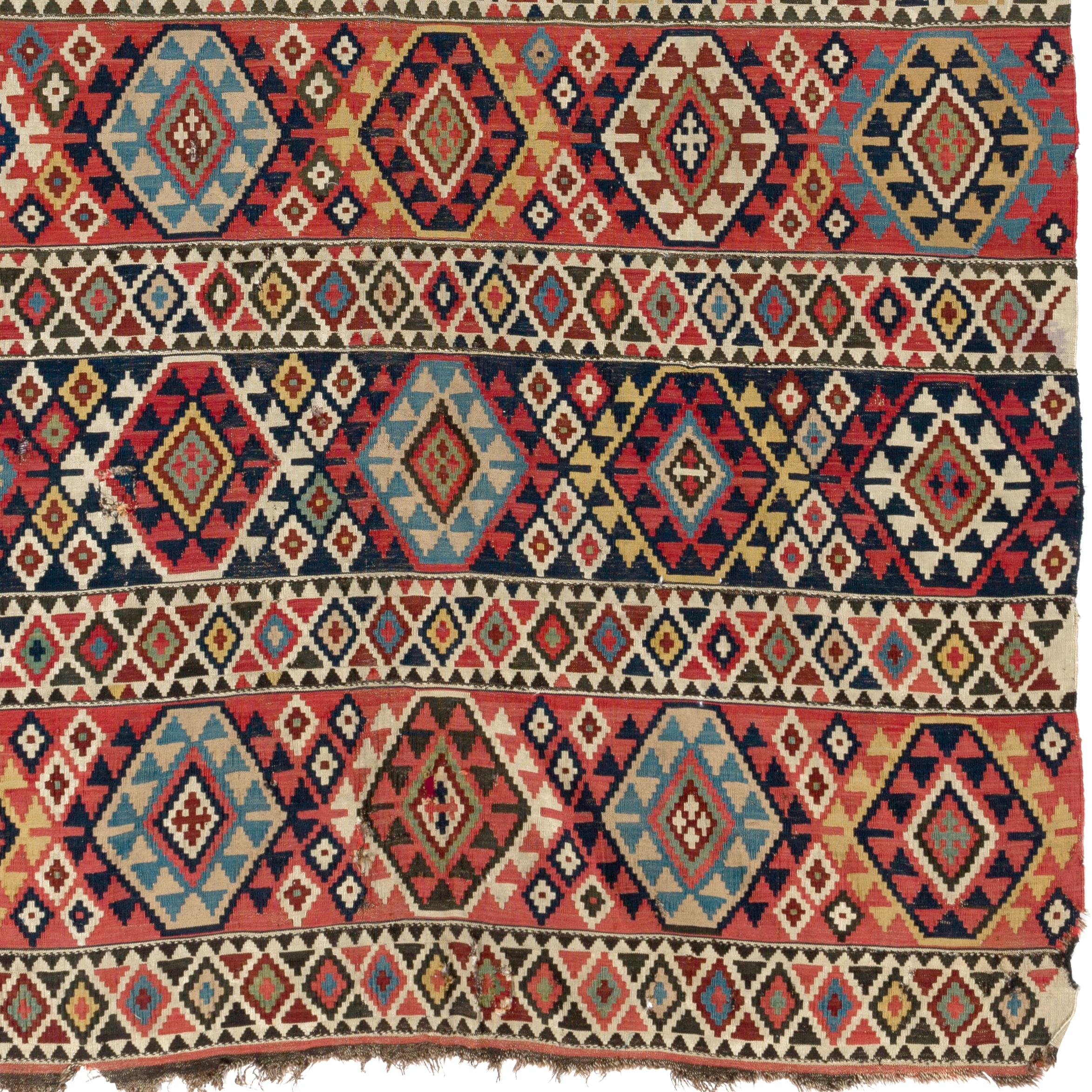 19th Century 5.2x10 Ft Antique Caucasian Shirvan Kilim Rug, Ca 1870, 100% Wool & Natural Dyes For Sale