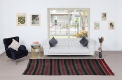 5.2x11 Ft Hand Woven Striped Kilim, Flat Weave Burgundy Red and Black Runner Rug