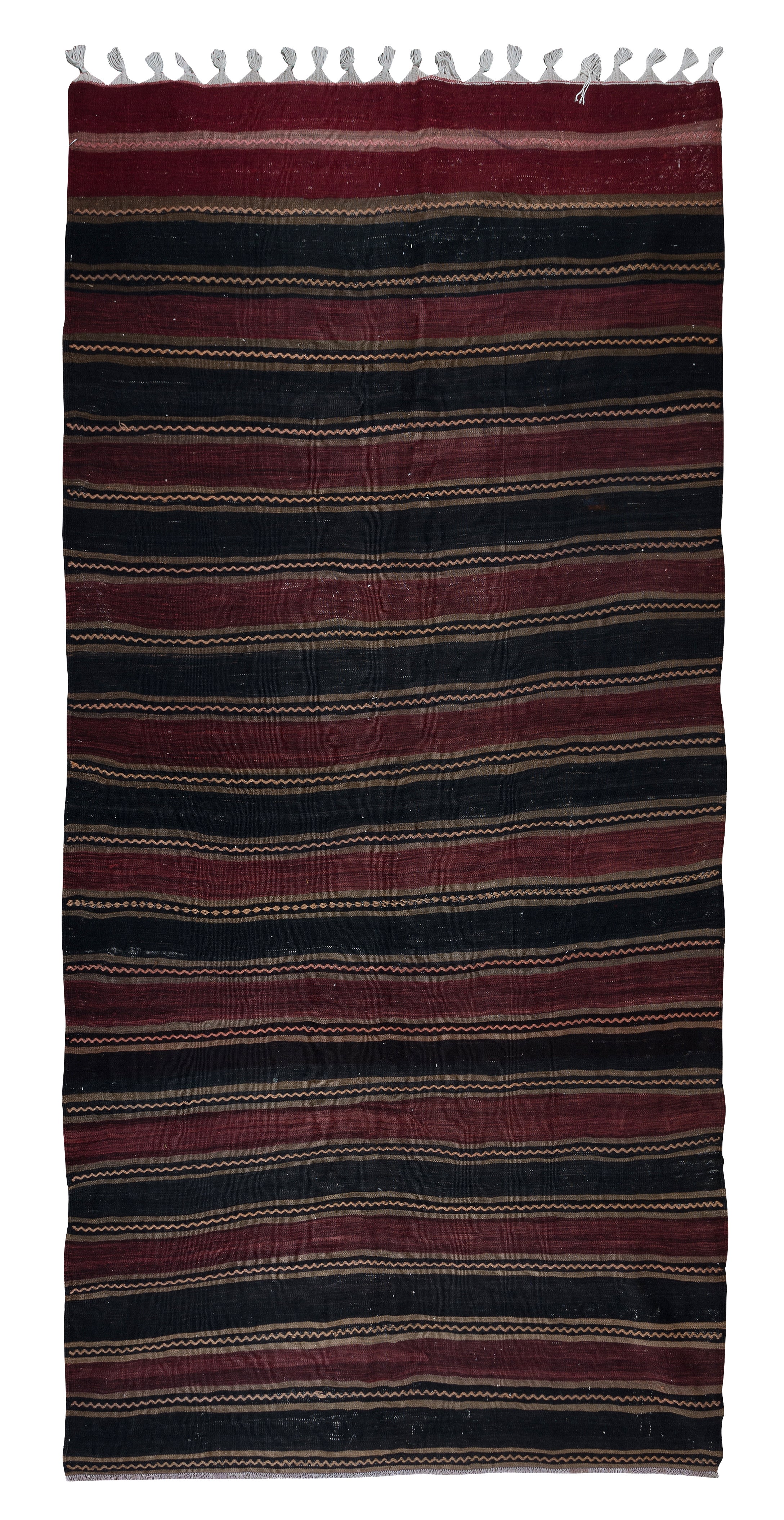 5.2x11 Ft Hand Woven Striped Kilim, Flat Weave Burgundy Red and Black Runner Rug For Sale
