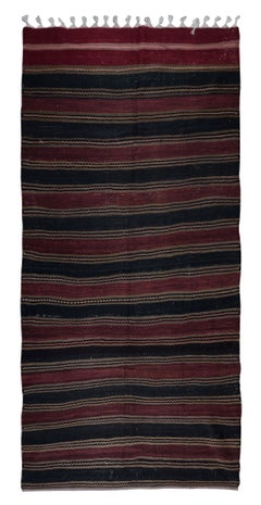 5.2x11 Ft Hand Woven Striped Kilim, Flat Weave Burgundy Red and Black Runner Rug
