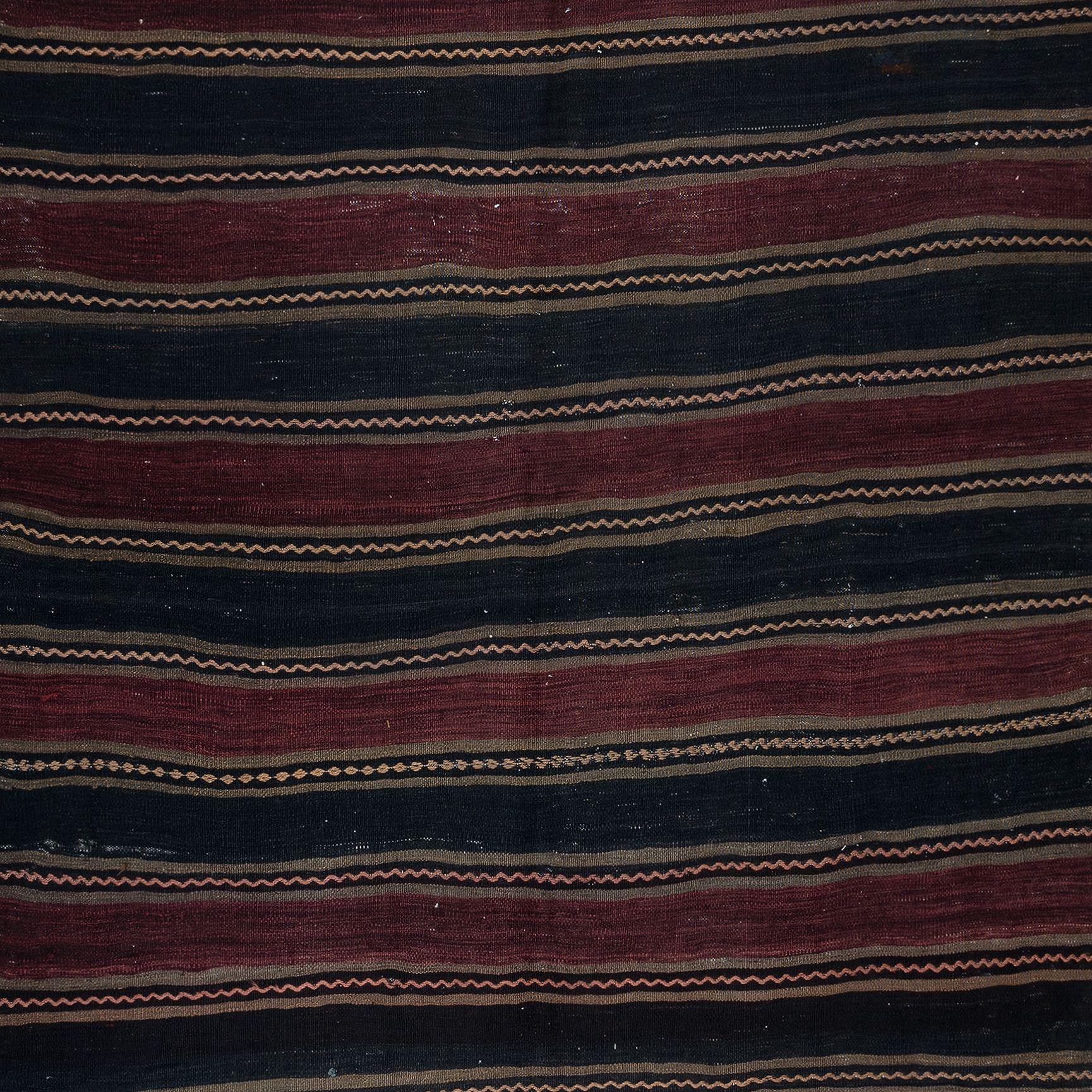 20th Century 5.2x11 Ft Hand-Woven Striped Turkish Kilim Rug, FlatWeave Vintage Wool Carpet For Sale