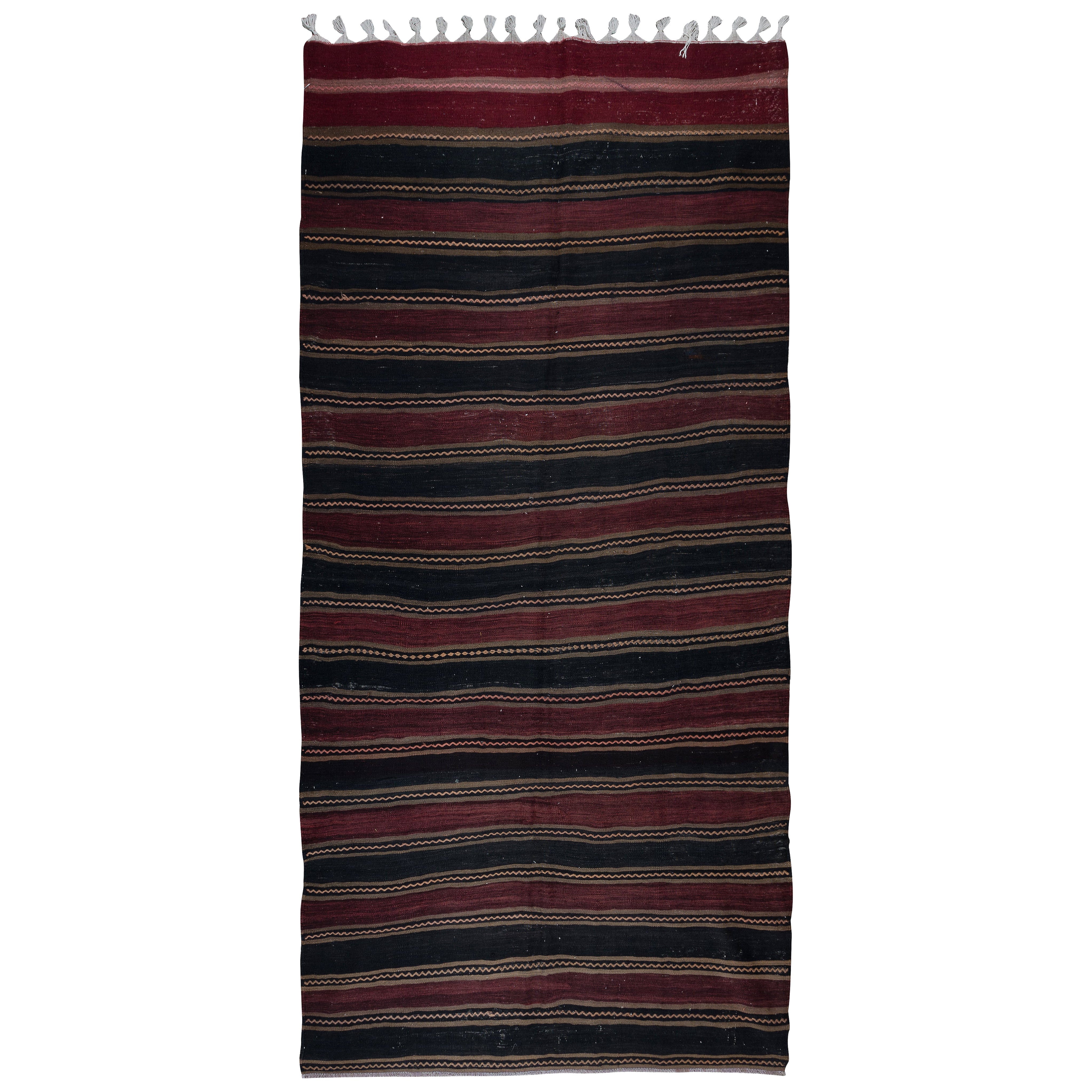 5.2x11 Ft Handgewebter gestreifter türkischer Kelim-Teppich, Flachgewebe Vintage Wollteppich
