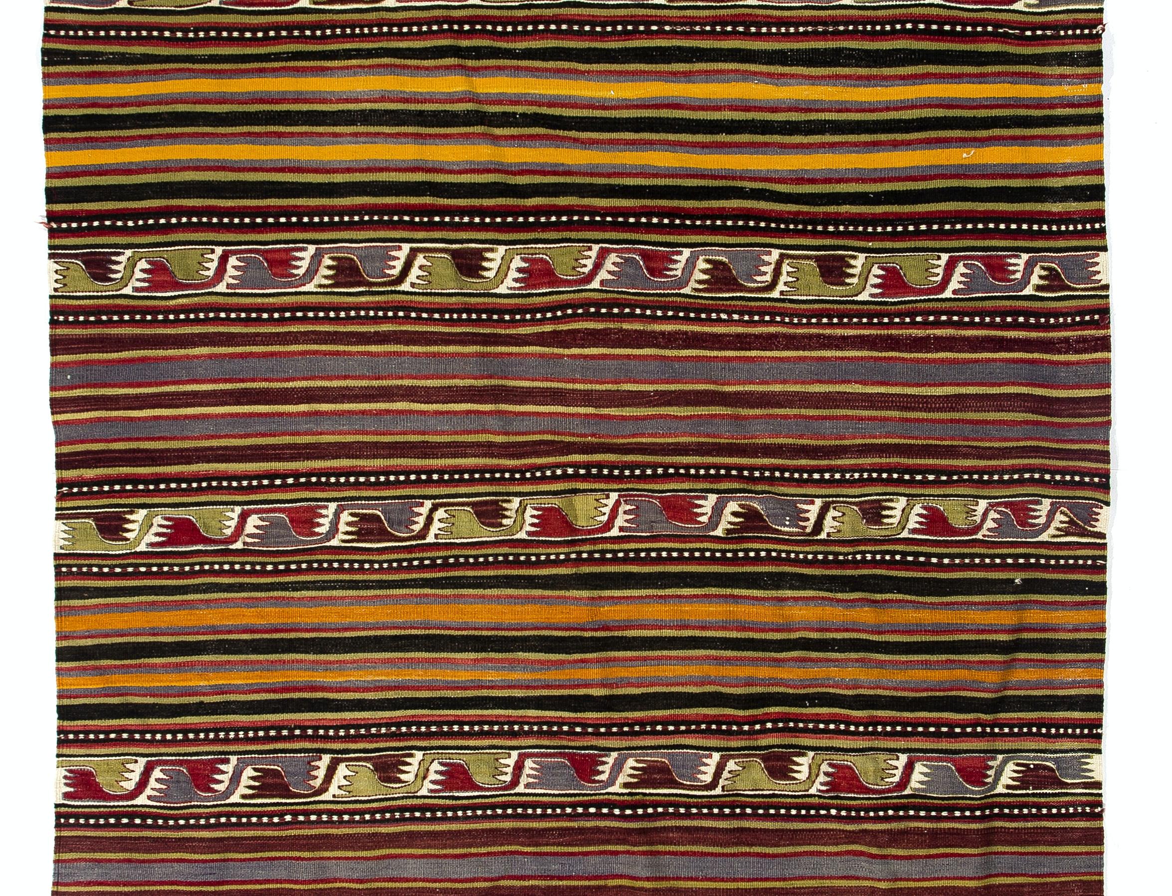 5.2x12.7 Ft Banded Hand-Woven Vintage Turkish Runner Kilim 'FlatWeave', All Wool In Good Condition For Sale In Philadelphia, PA
