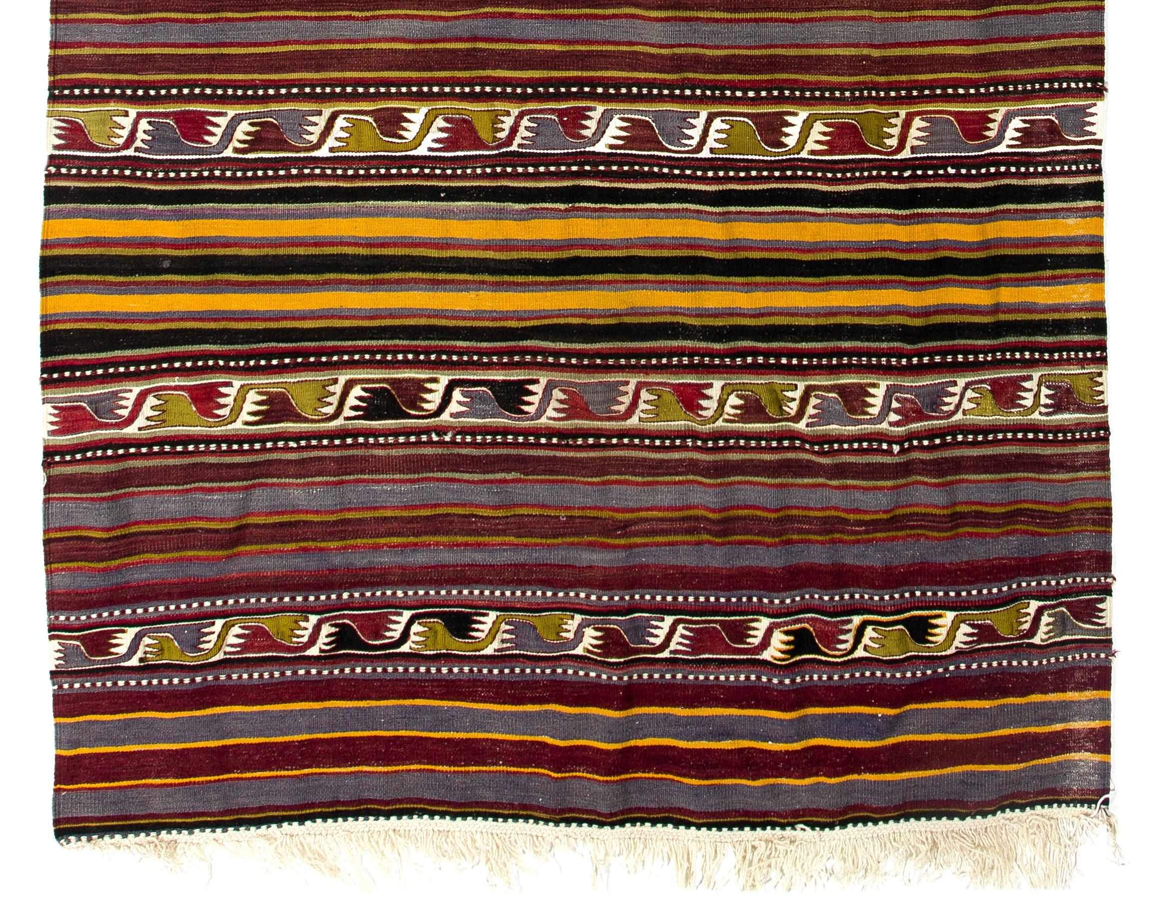 20th Century 5.2x12.7 Ft Banded Hand-Woven Vintage Turkish Runner Kilim 'FlatWeave', All Wool For Sale