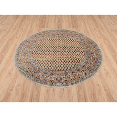 5'2"x5'2" Colorful Wool And Sari Silk Hand Knotted Beige Sarouk Round Rug