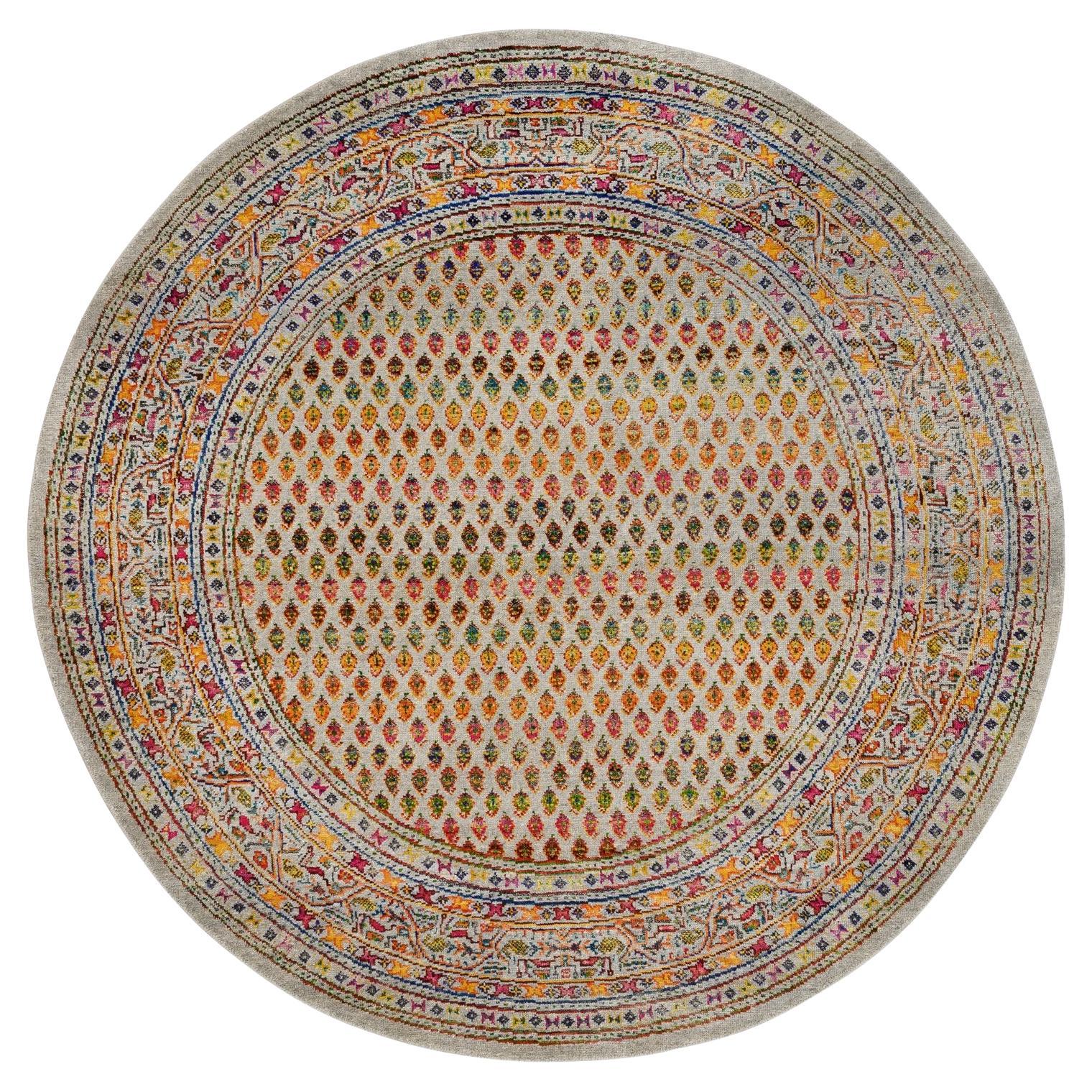 5'2"x5'2" Colorful Wool And Sari Silk Hand Knotted Beige Sarouk Round Rug