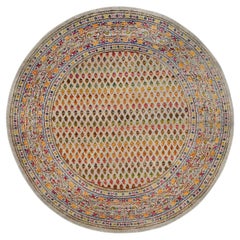 5'2"x5'2" Colorful Wool And Sari Silk Hand Knotted Beige Sarouk Round Rug