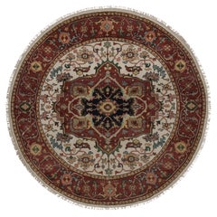 5'2 "x5'2" Ivory Antiqued Fine Heriz Re-Creation Hand Knotted Soft Wool Round Rugs