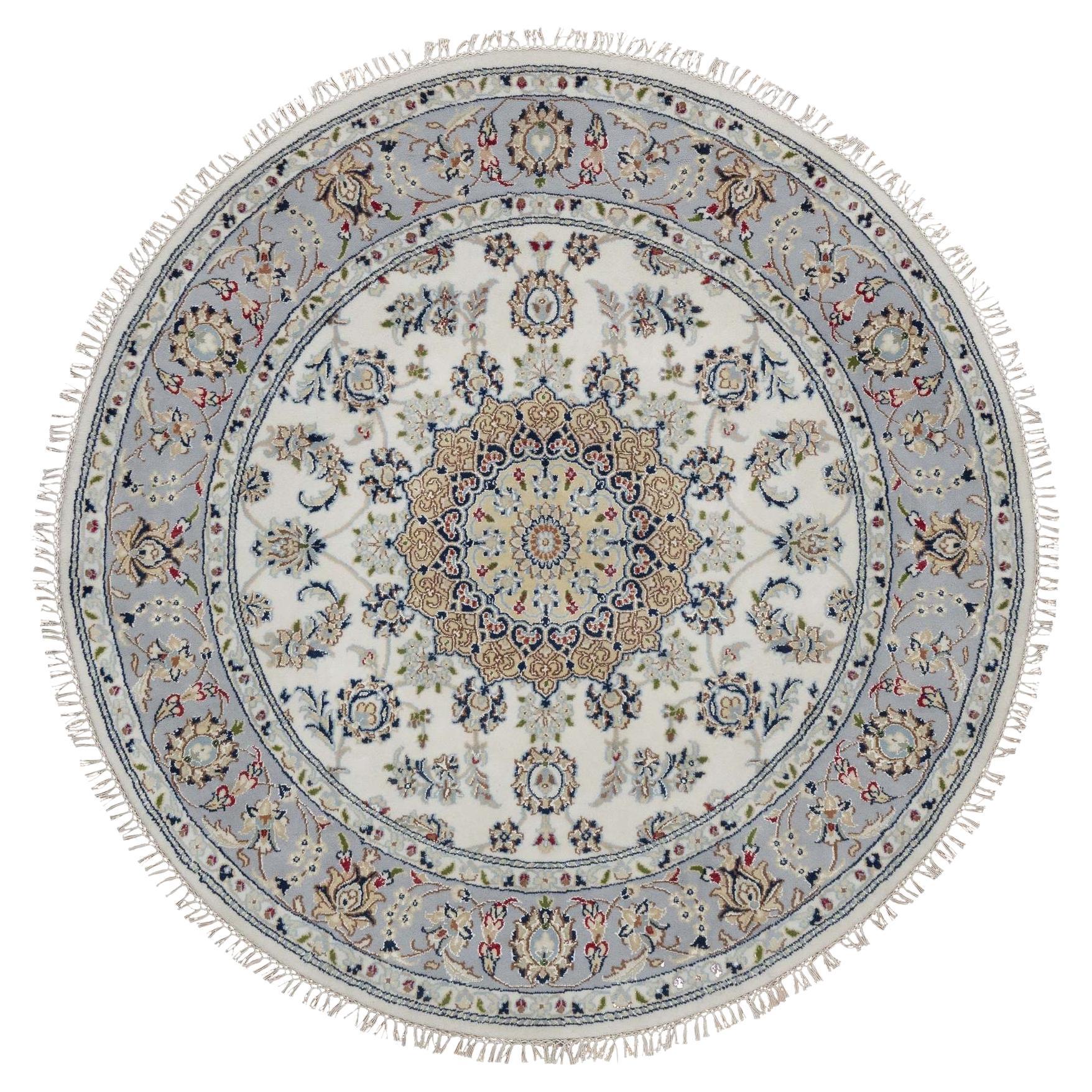 5
2 "x5
2" Elfenbein Nain Blume Medaillon Design Wolle 
Seide Hand geknüpft Runde Teppich im Angebot