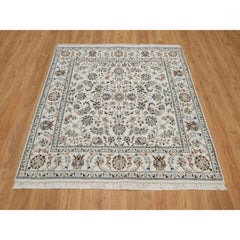 5'2"x5'2" Ivory Nain with All Over Design Hand Knotted Wool and Silk Square Rug