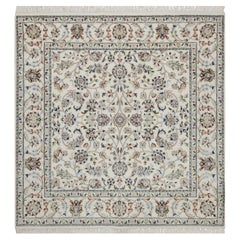 5'2"x5'2" Ivory Nain with All Over Design Hand Knotted Wool and Silk Square Rug