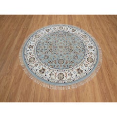 5'2"x5'2" Light Blue Nain Flower Design Hand Knotted Wool and Silk Round Rug