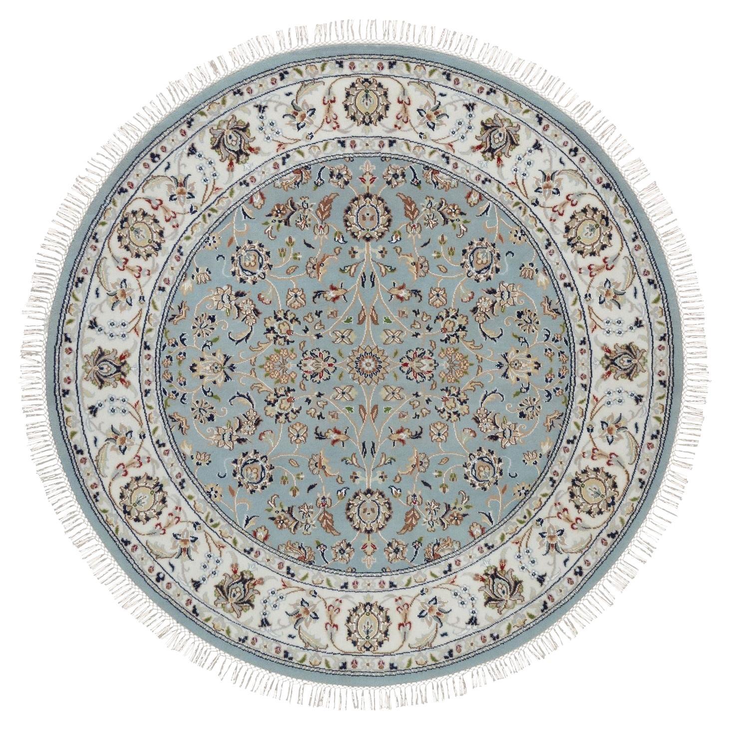 5
2 "x5
2" Hellblau Nain Blume Design Hand geknüpft Wolle und Seide Runde Teppich im Angebot