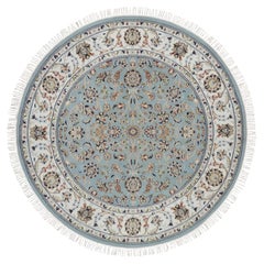 5
2"x5
2" Light Blue Nain Flower Design Hand Knotted Wool and Silk Round Rug