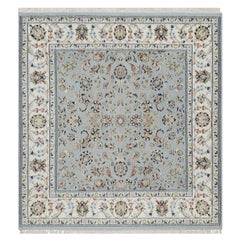 5'2'x5'2" Light Blue Nain Flower Design Wool and Silk Hand Knotted Square Rug