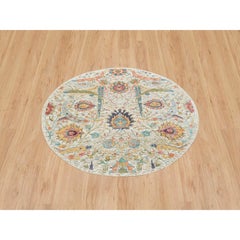 5'2"x5'2" Tan Hand Knotted Sickle Leaf Design Silk & Textured Wool Round Rug