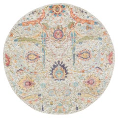 5'2"x5'2" Tan Hand Knotted Sickle Leaf Design Silk & Textured Wool Round Rug