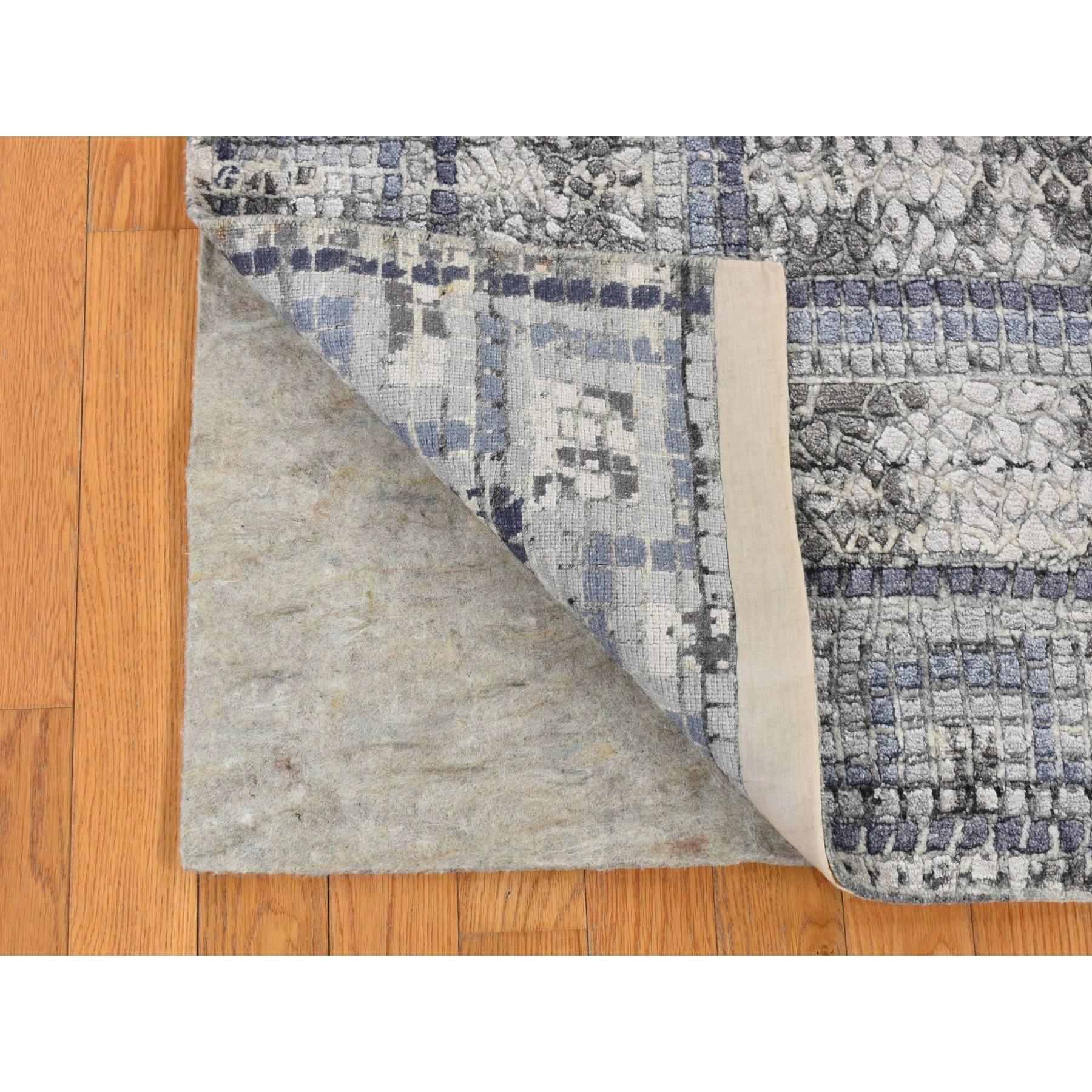 Timberwolf Gray, Silken, Roman Mosaic Design, Hand Knotted, Oriental Rug
Primary materials: Wool & Silk
Latex: No Pile 
height: 0.25 Inches
Style: Transitional
Primary color: Grey
Secondary colors: Yale Blue, Beige, Black
Pattern: Oriental