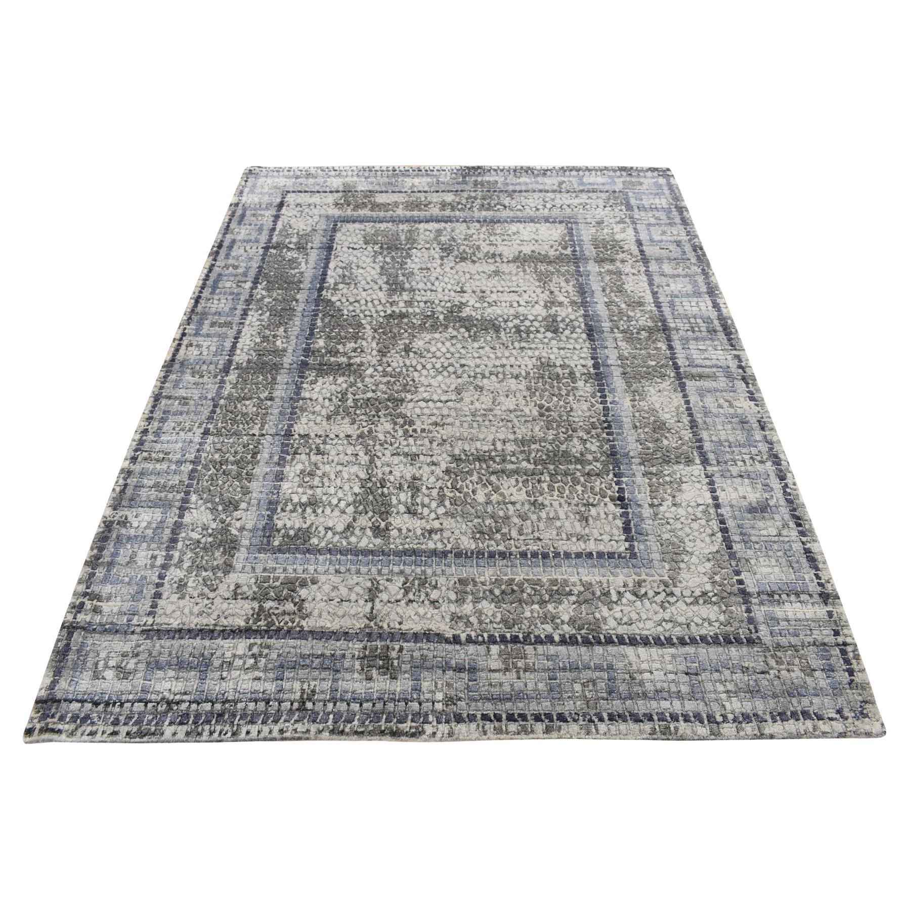 5'2"x6'10" Timberwolf Gray, Silken, Roman Mosaic Design, Hand Knotted, Rug For Sale