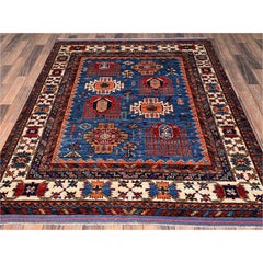 5'2"x6'4" Blue Afghan Ersari with Turkish Knot Hand Knotted Soft Wool Rug