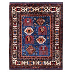 5'2"x6'4" Blue Afghan Ersari with Turkish Knot Hand Knotted Soft Wool Rug