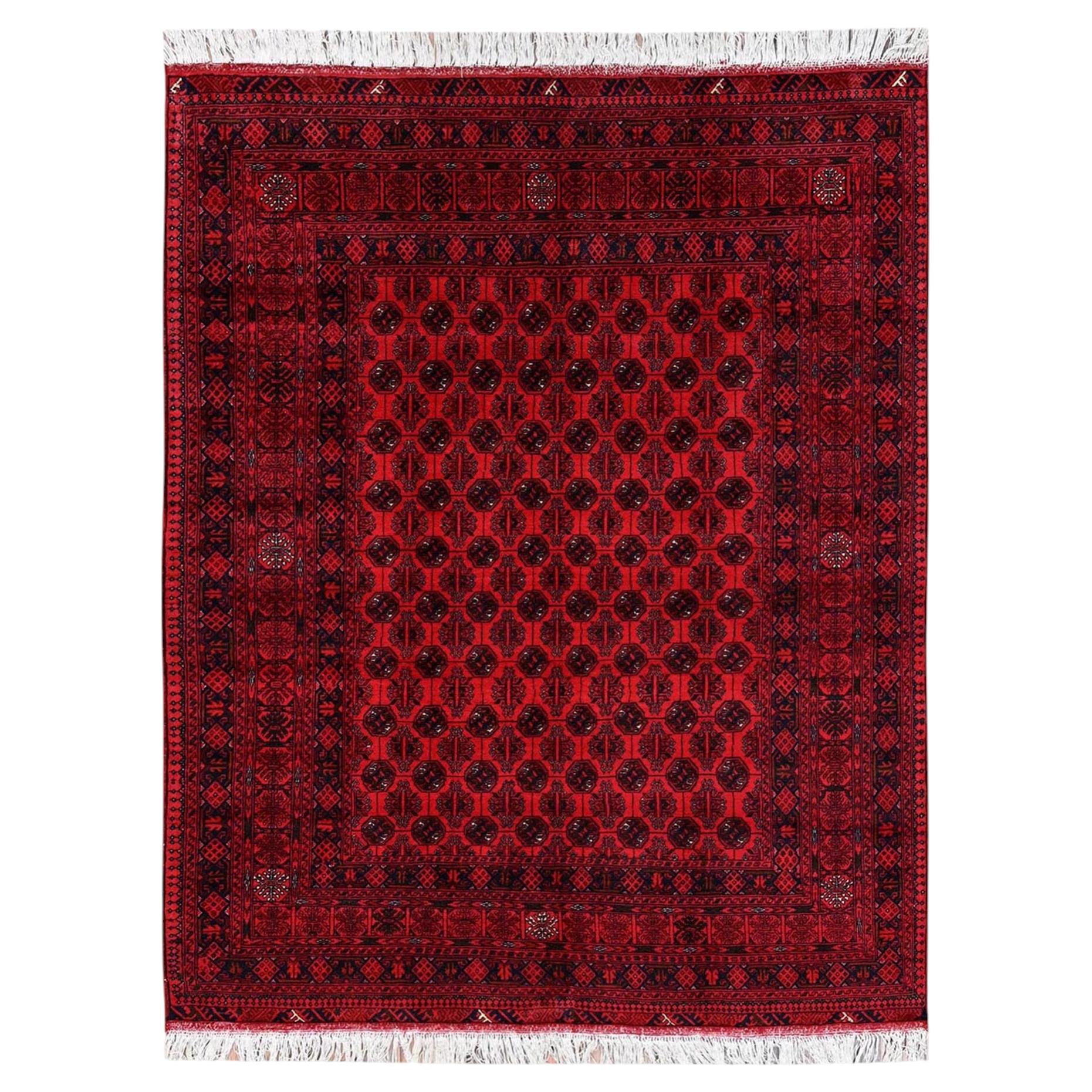 5'2"x6'5" Red Afghan Khamyab with Bokara Design Hand Knotted Wool Oriental Rug
