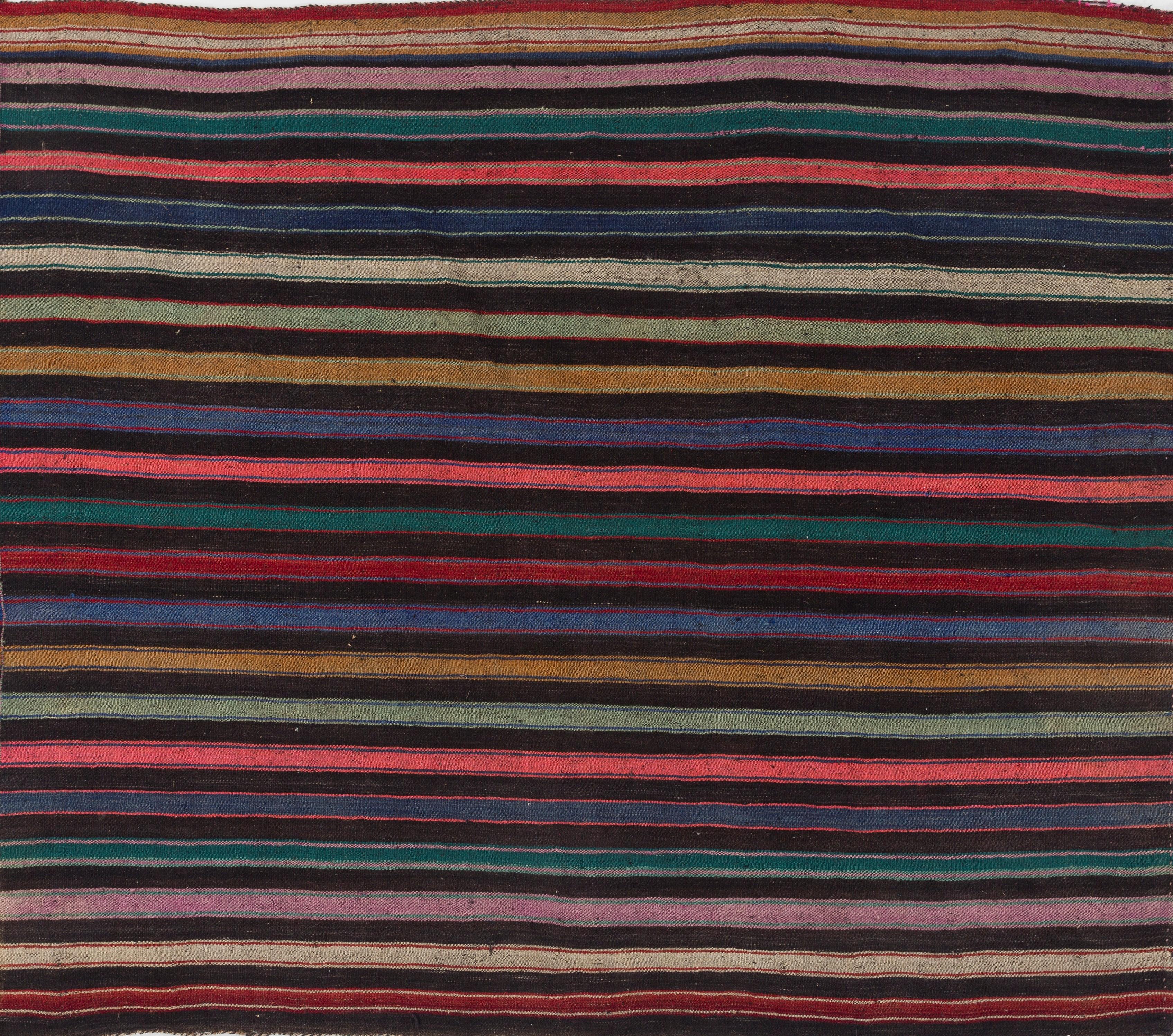 Turkish 5.2x6.6 Ft Handmade Nomadic Vintage Striped Anatolian Wool Flat Weave Kilim Rug For Sale
