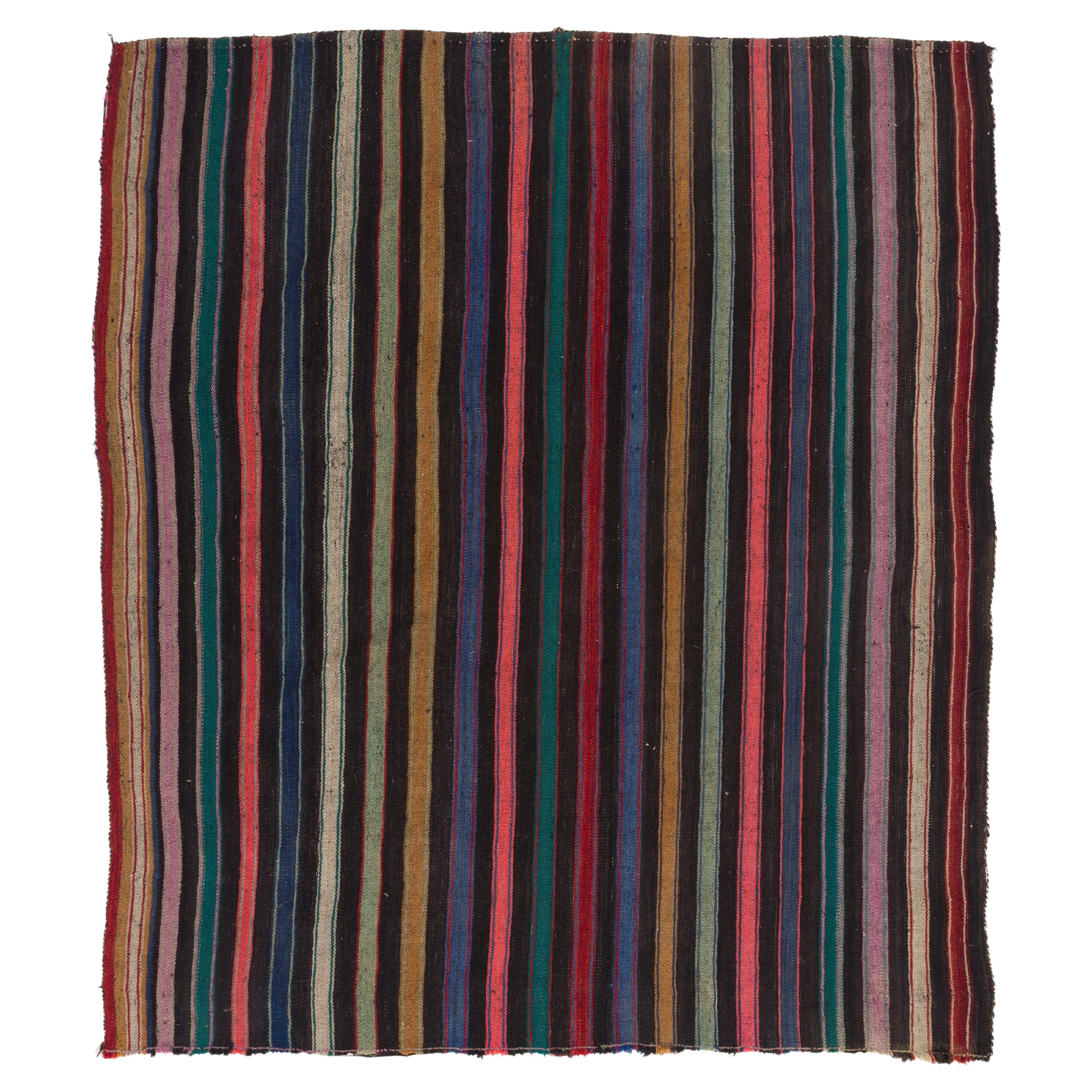 5.2x6.6 Ft Handmade Nomadic Vintage Striped Anatolian Wool Flat Weave Kilim Rug For Sale