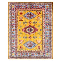 5'2 "x6'7" Jaune Kazak avec motifs de médaillons Noué à la main Tapis d'Orient tout en laine