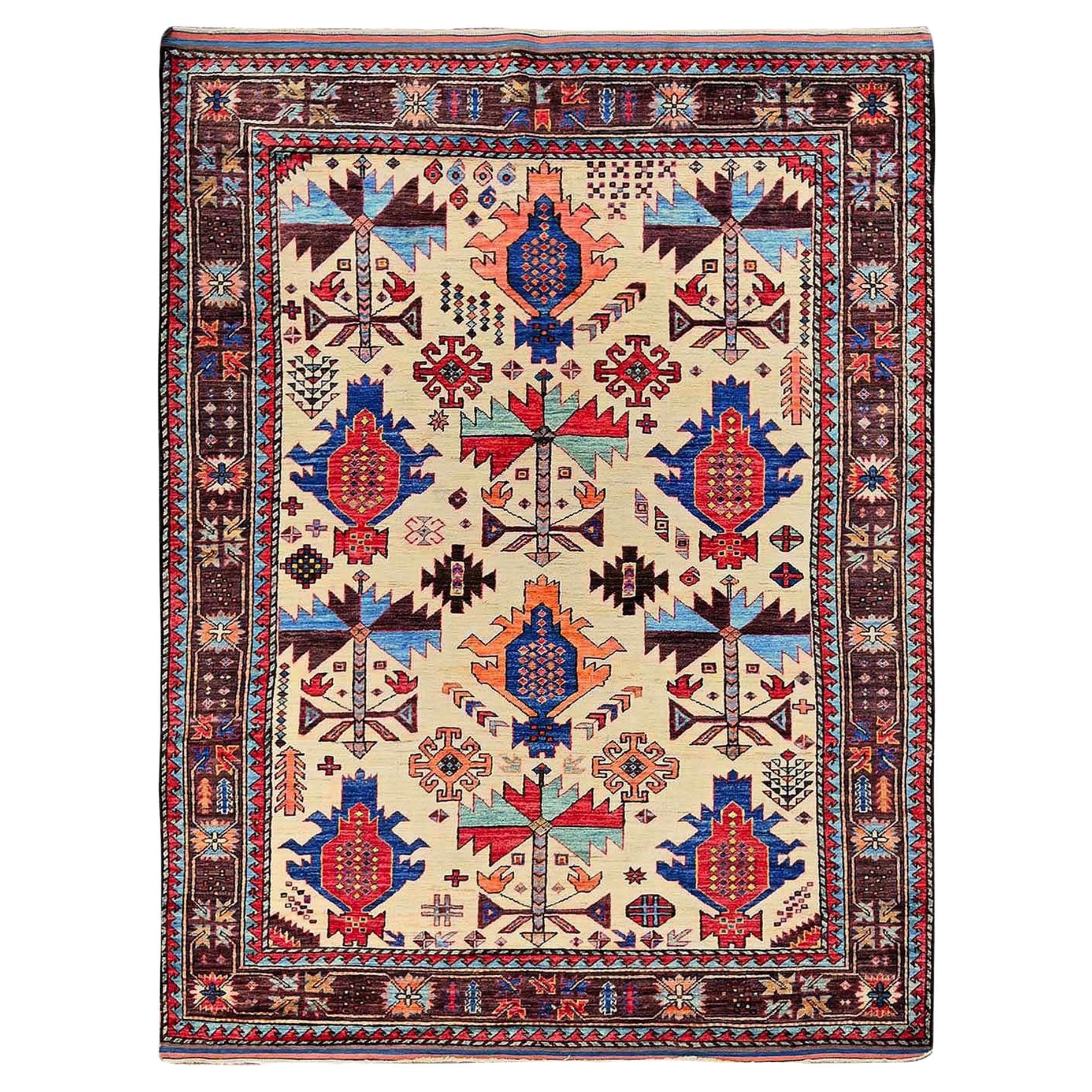 5'2"x6'8" Ivory Afghan Ersari Caucasian Design Revival Hand Knotted All Wool Rug