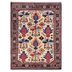 5'2"x6'8" Ivory Afghan Ersari Caucasian Design Revival Hand Knotted All Wool Rug