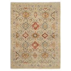 5'2"x7' Beige, handgeknüpft, THE SUNset ROSETTES Teppich aus Wolle und reiner Seide, Teppich