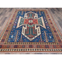 5'2"x7' Blue Swan Kazak with Animal Figurines Hand Knotted Wool Oriental Rug