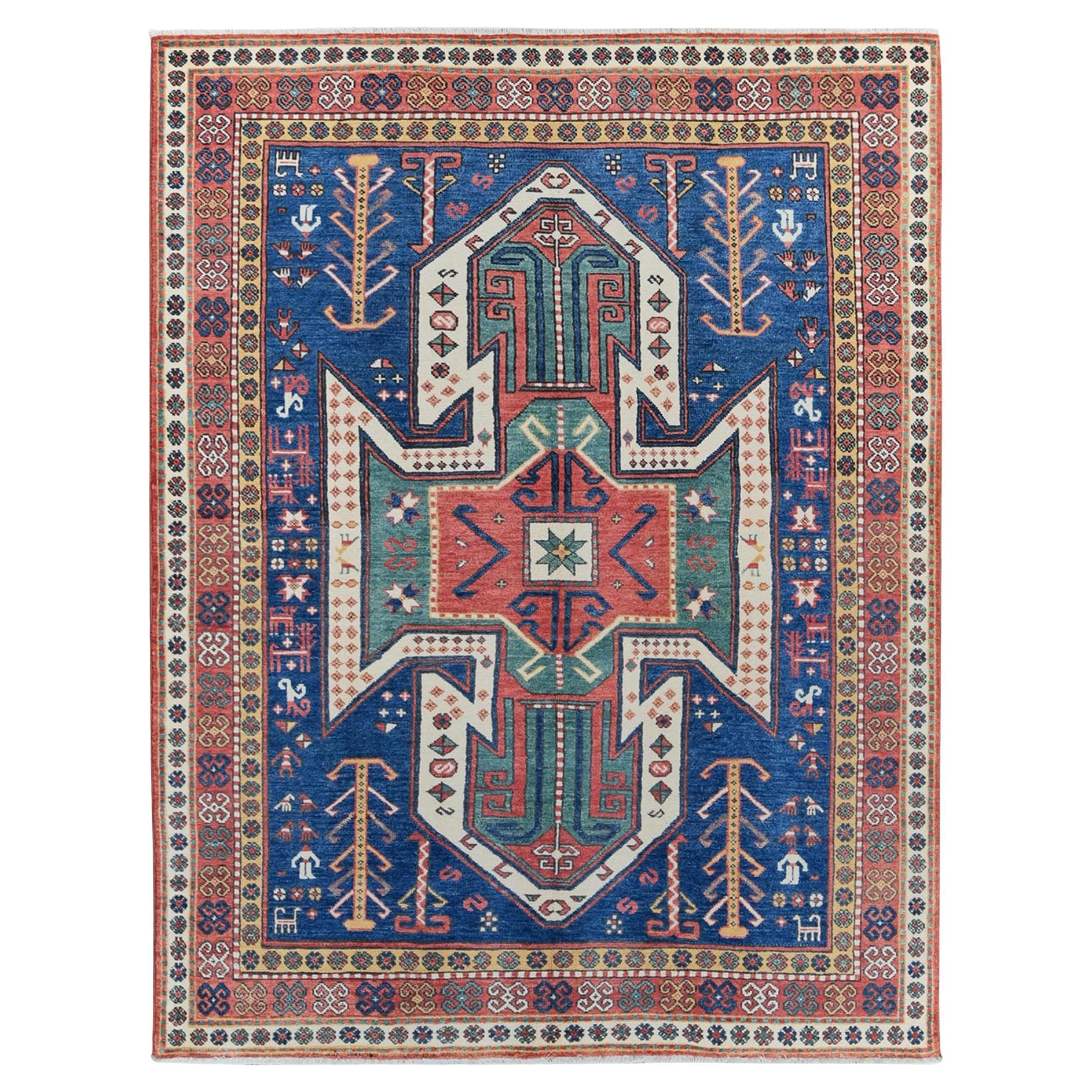 5'2 "x7' Blauer Schwan Kazak mit Tierfiguren Handgeknüpfter Wolle Orientteppich im Angebot