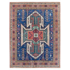 Tappeto orientale in lana annodato a mano 5'2 "x7' Blue Swan Kazak con figure di animali