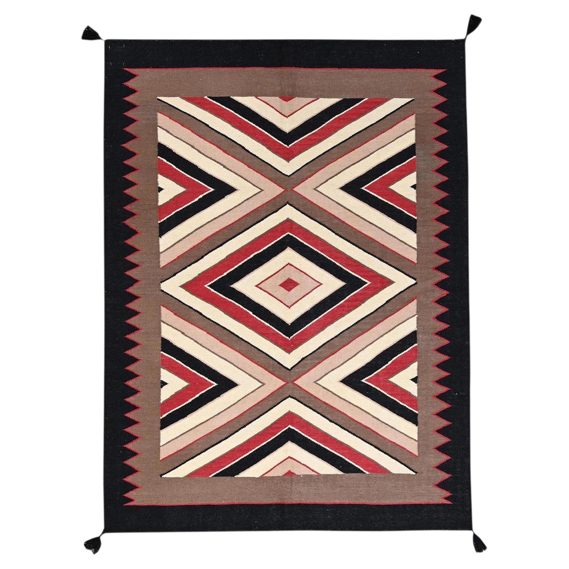 5'2"x7' Brown Flat Weave Southwest Geometric Design Hand Woven Pure Wool Rug