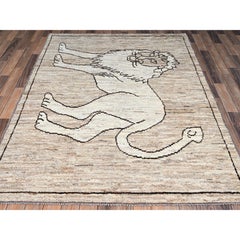 5'2"x7' Brown Moroccan Weave with Lion Design Pure Wool Hand Knotted Rug