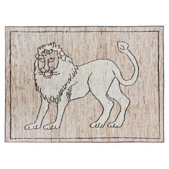 5'2"x7' Brown Moroccan Weave with Lion Design Pure Wool Hand Knotted Rug